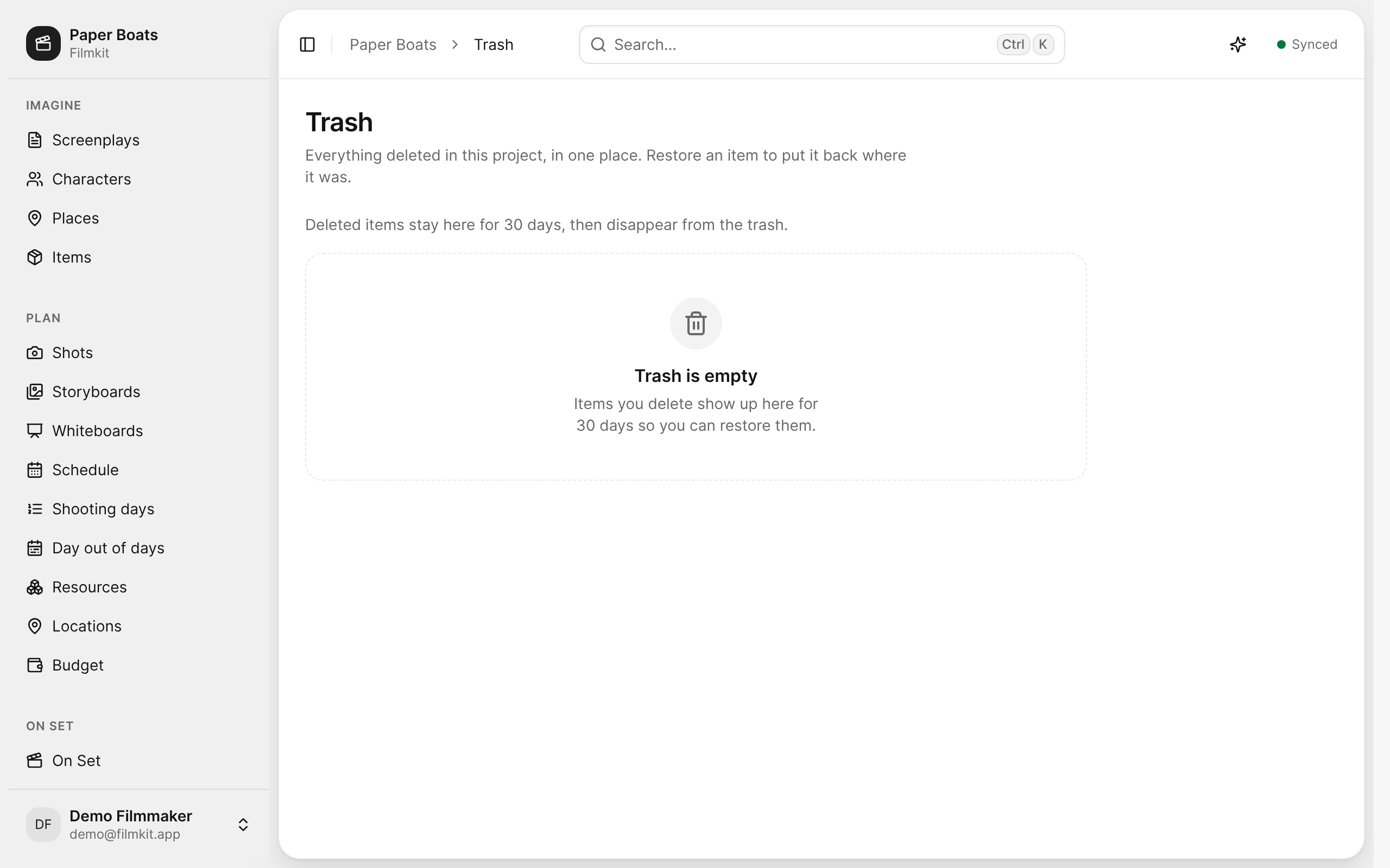 The Trash page of the Paper Boats project, which keeps deleted items for 30 days.