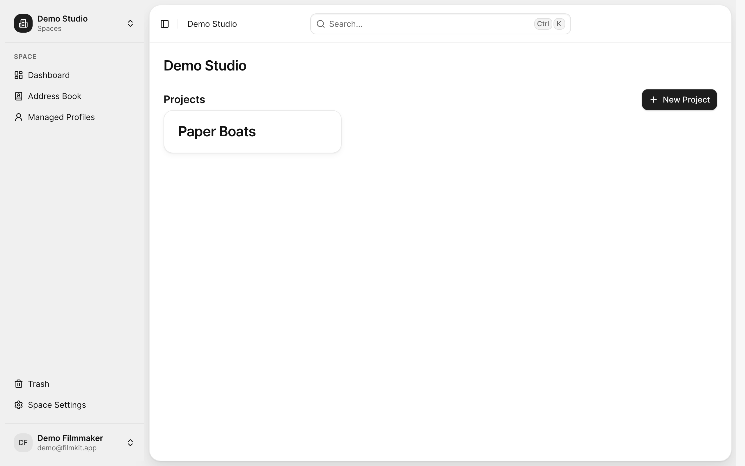 The Demo Studio space dashboard listing its projects.