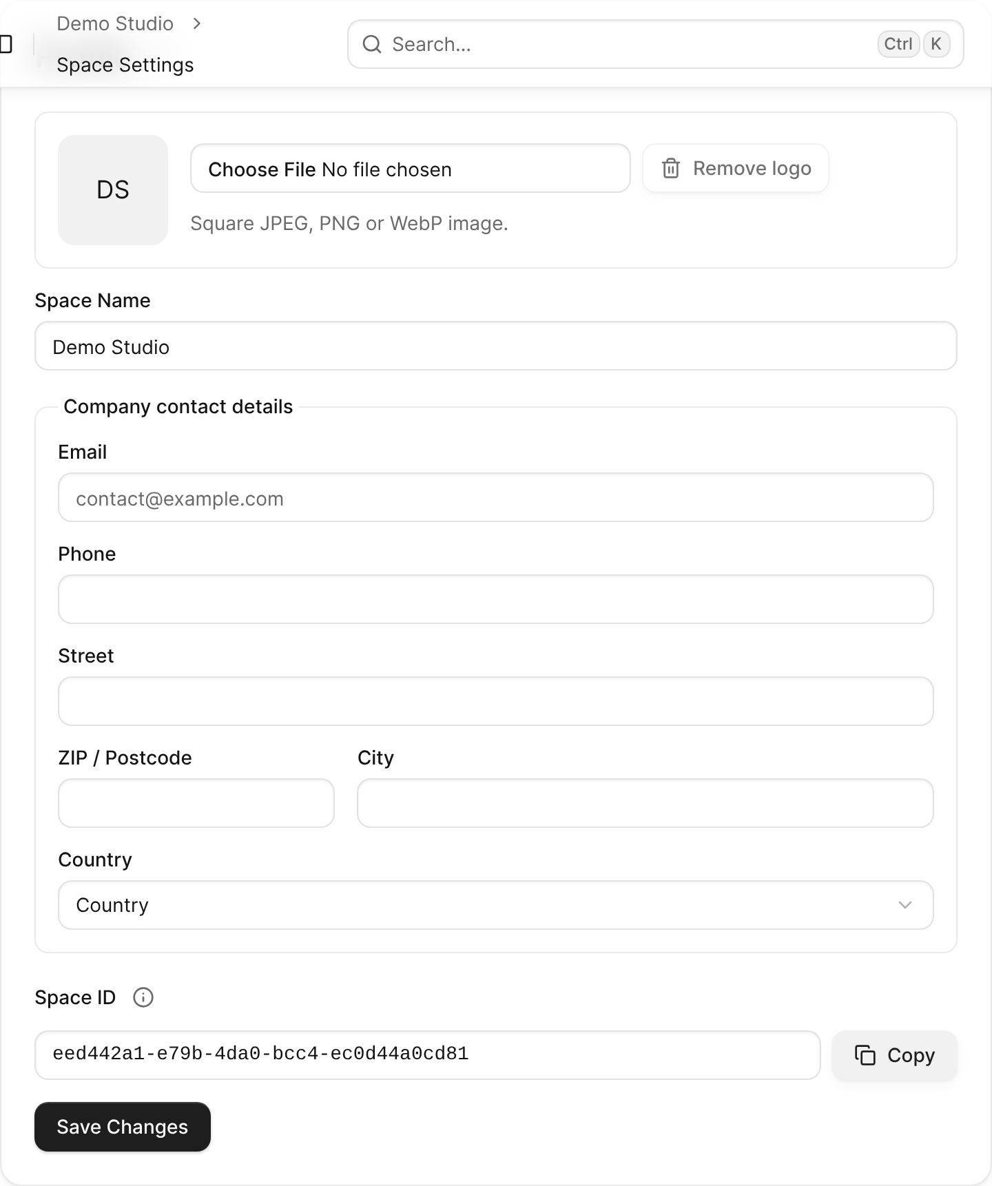 The Profile card in Space Settings with the space name and company contact details.