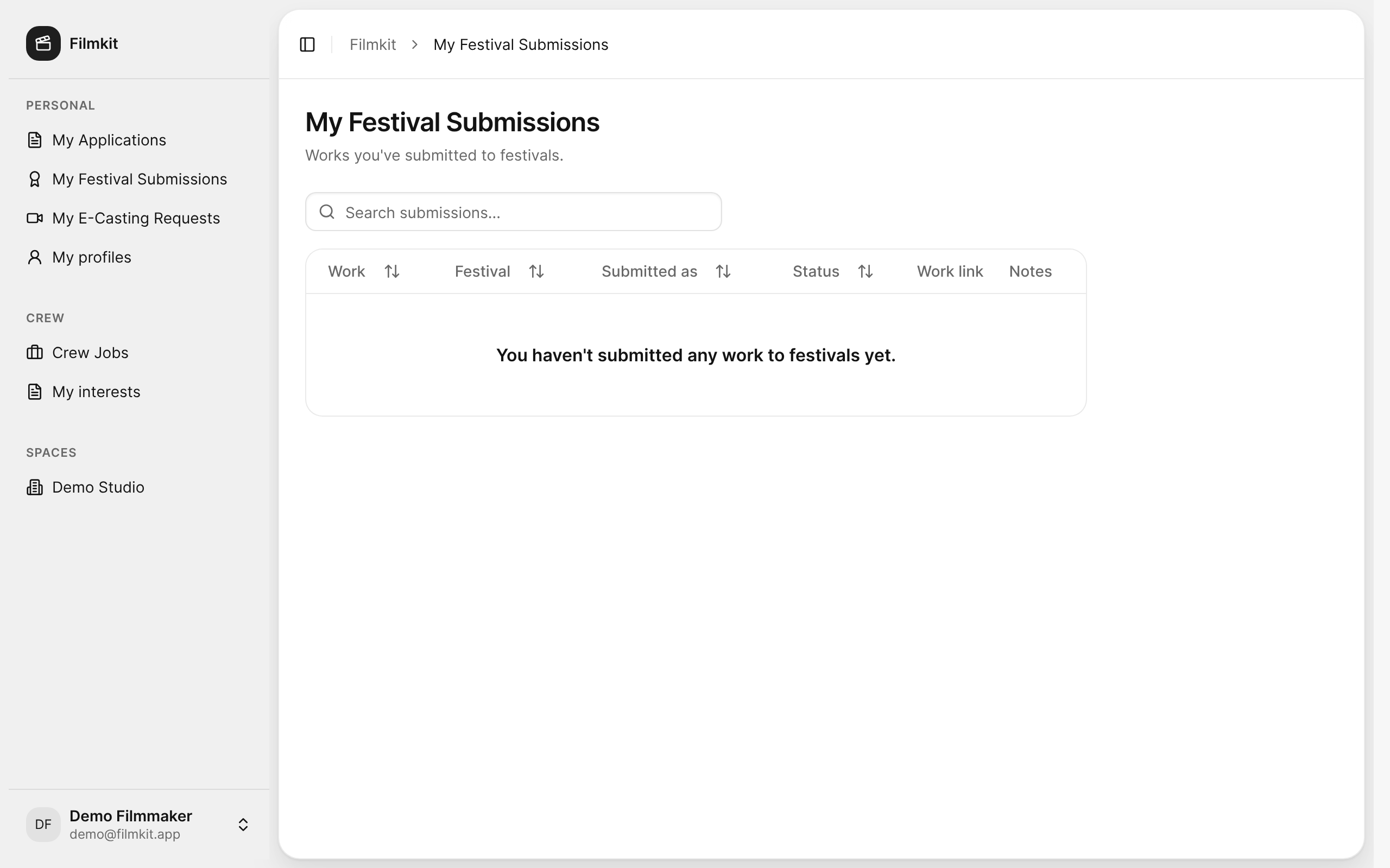 The My Festival Submissions page, where you track the work you've submitted.