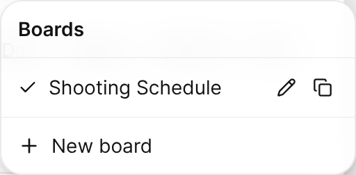 The Boards menu with the active board selected and the New board command.
