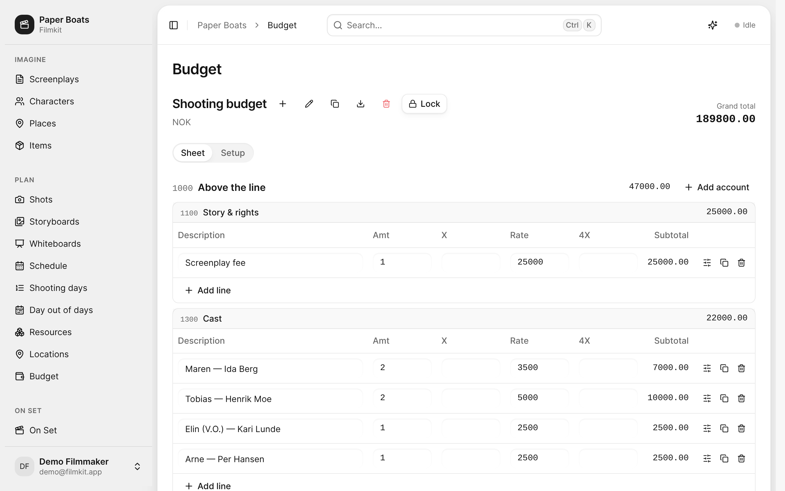 The Shooting budget in Sheet view, with its grand total and the accounts and lines of each category.