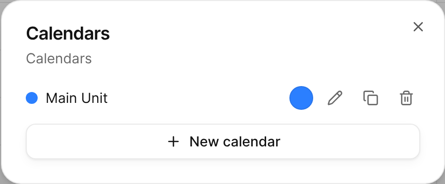 The Calendars dialog listing the Main Unit calendar with its color, rename, duplicate, and delete controls.