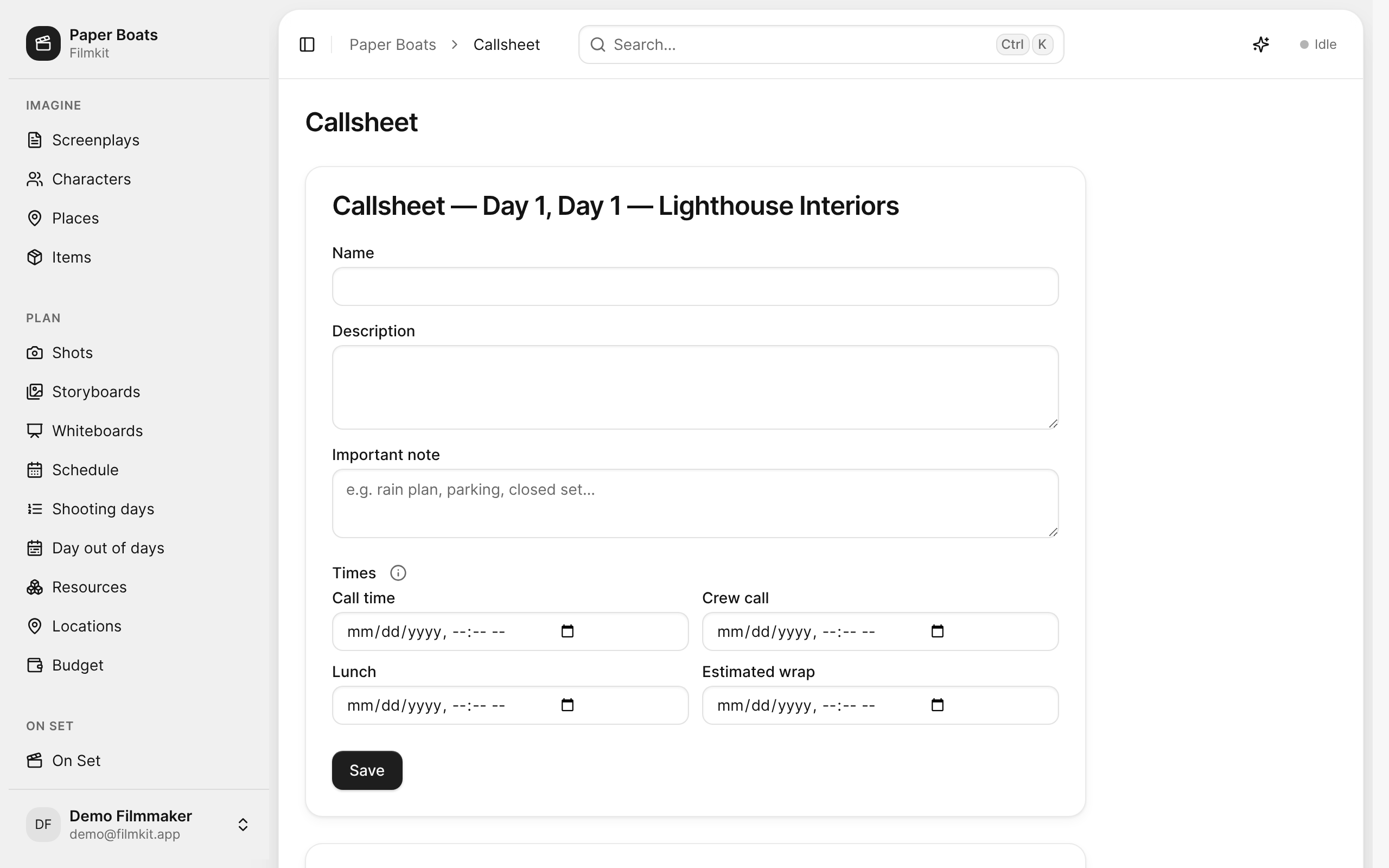 The Callsheet page for day 1, with the call sheet details, time overrides, and Publish controls.