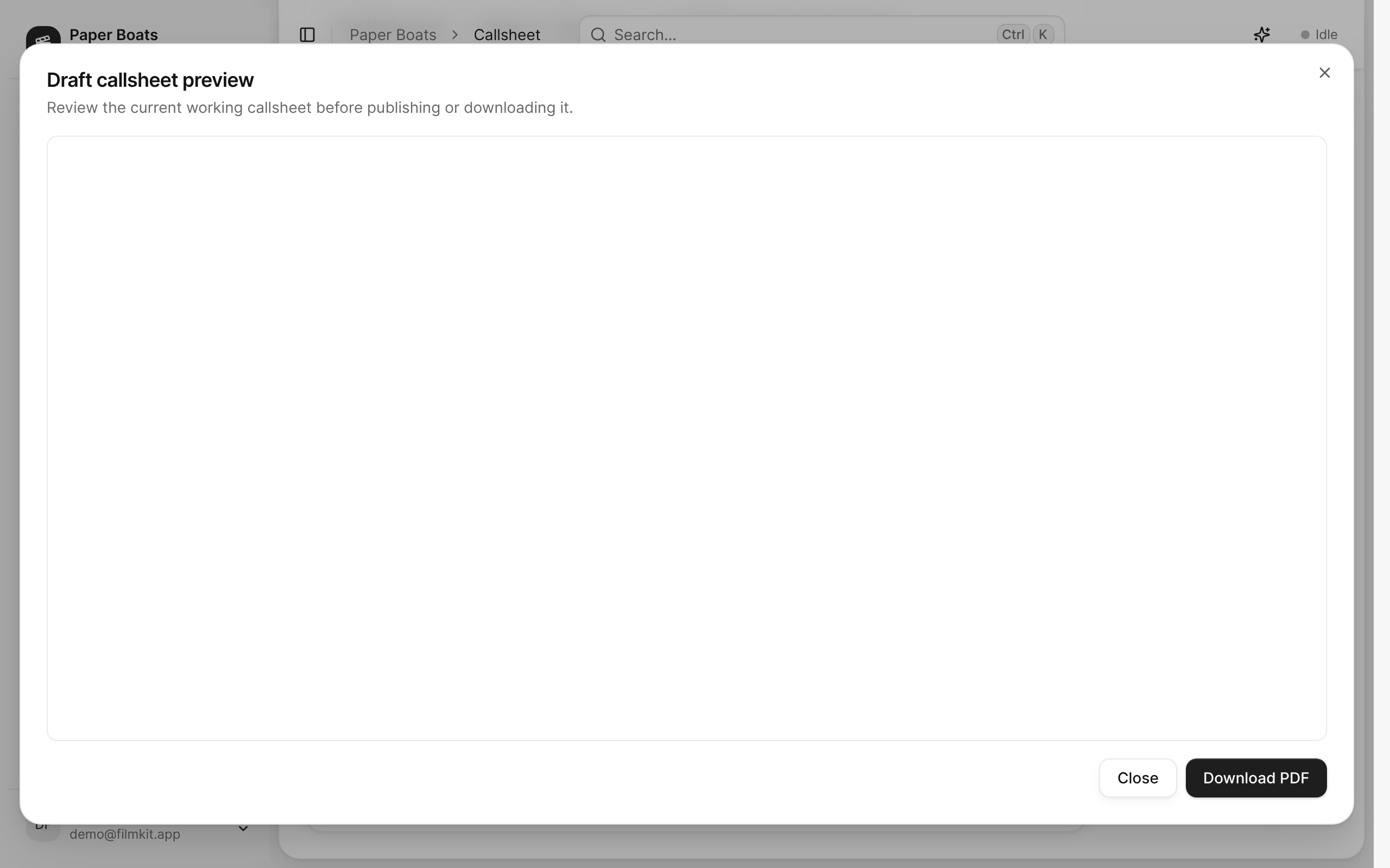 The Draft callsheet preview dialog showing the watermarked PDF.