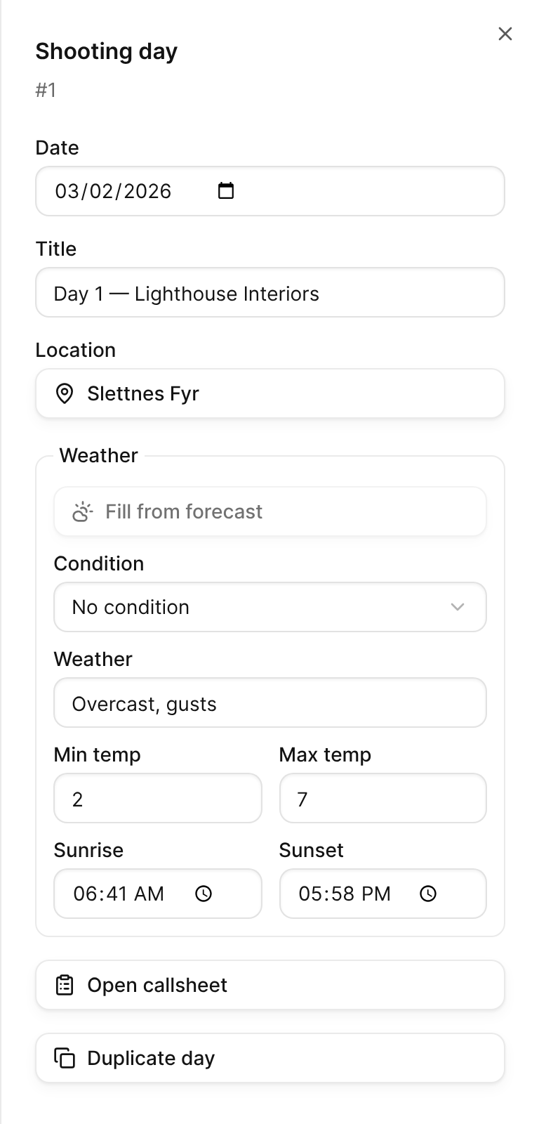 The Shooting day editor for day 1, with its date, title, location, and weather.