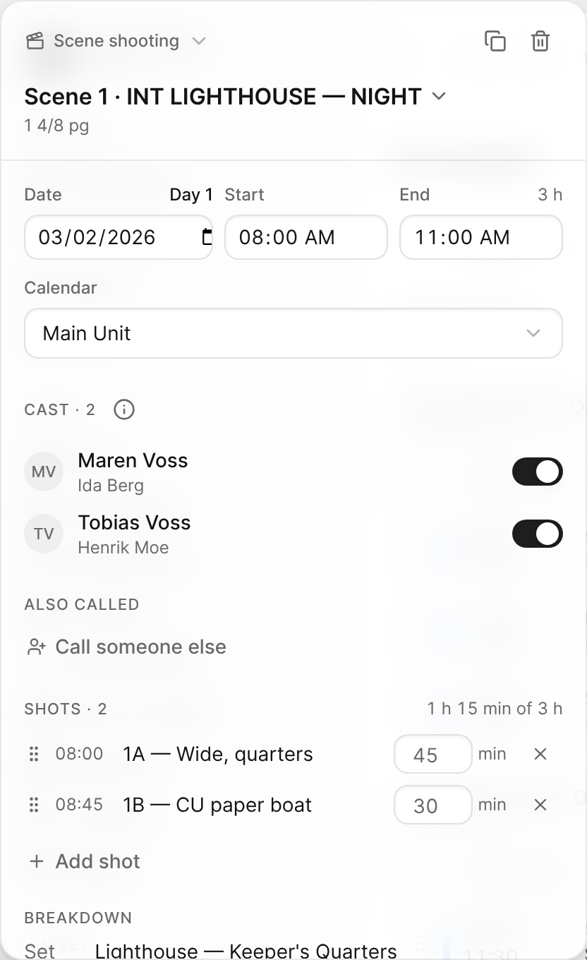 The event editor for a scene-shooting event, showing the scene, its times and shooting day, the cast called from the script, and the planned shots.