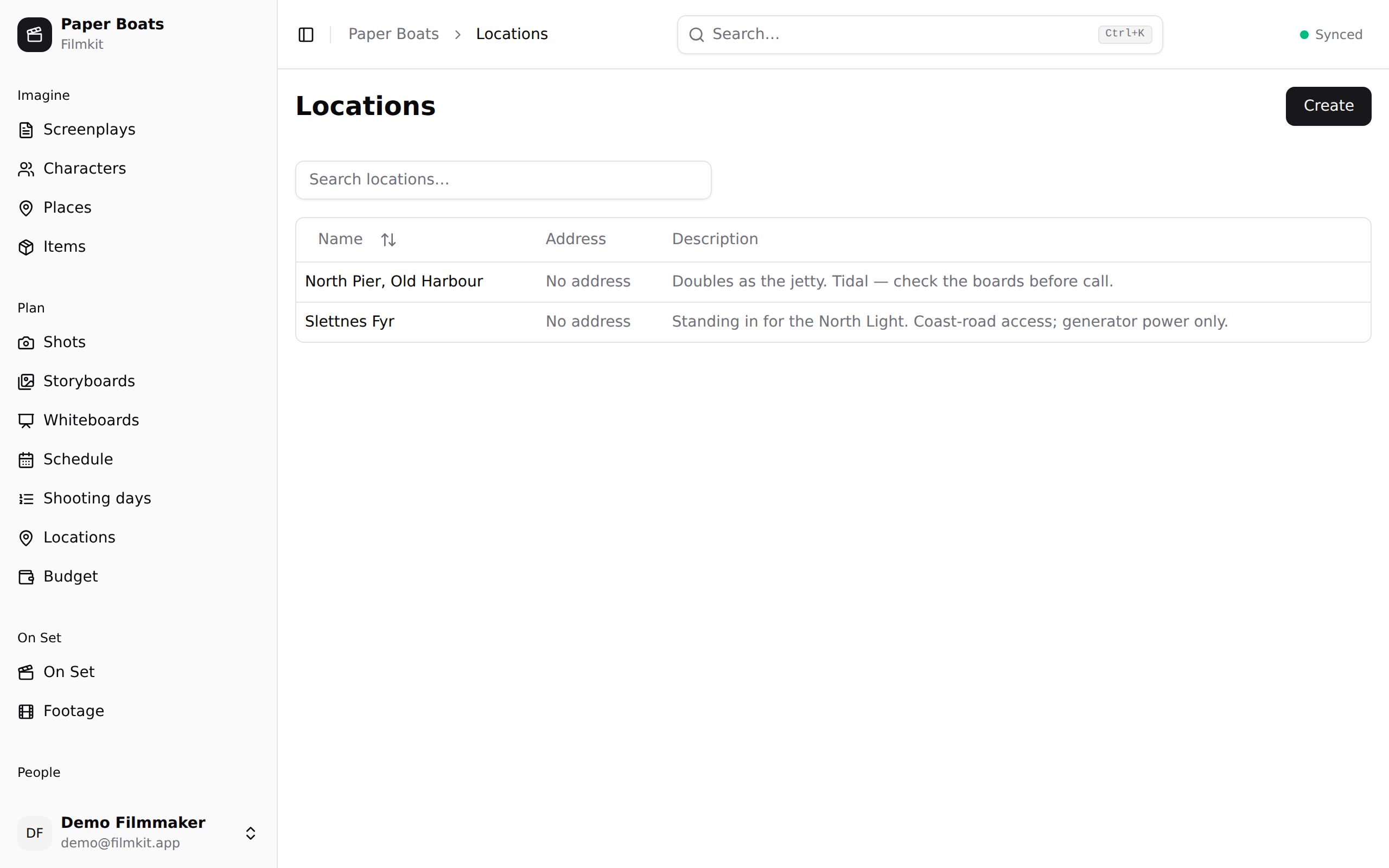 Locations — the real-world places you shoot, linked to the settings in your script.