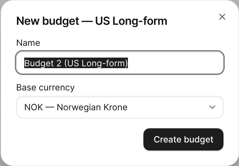 The New budget dialog for the US Long-form template, with a name and base currency.