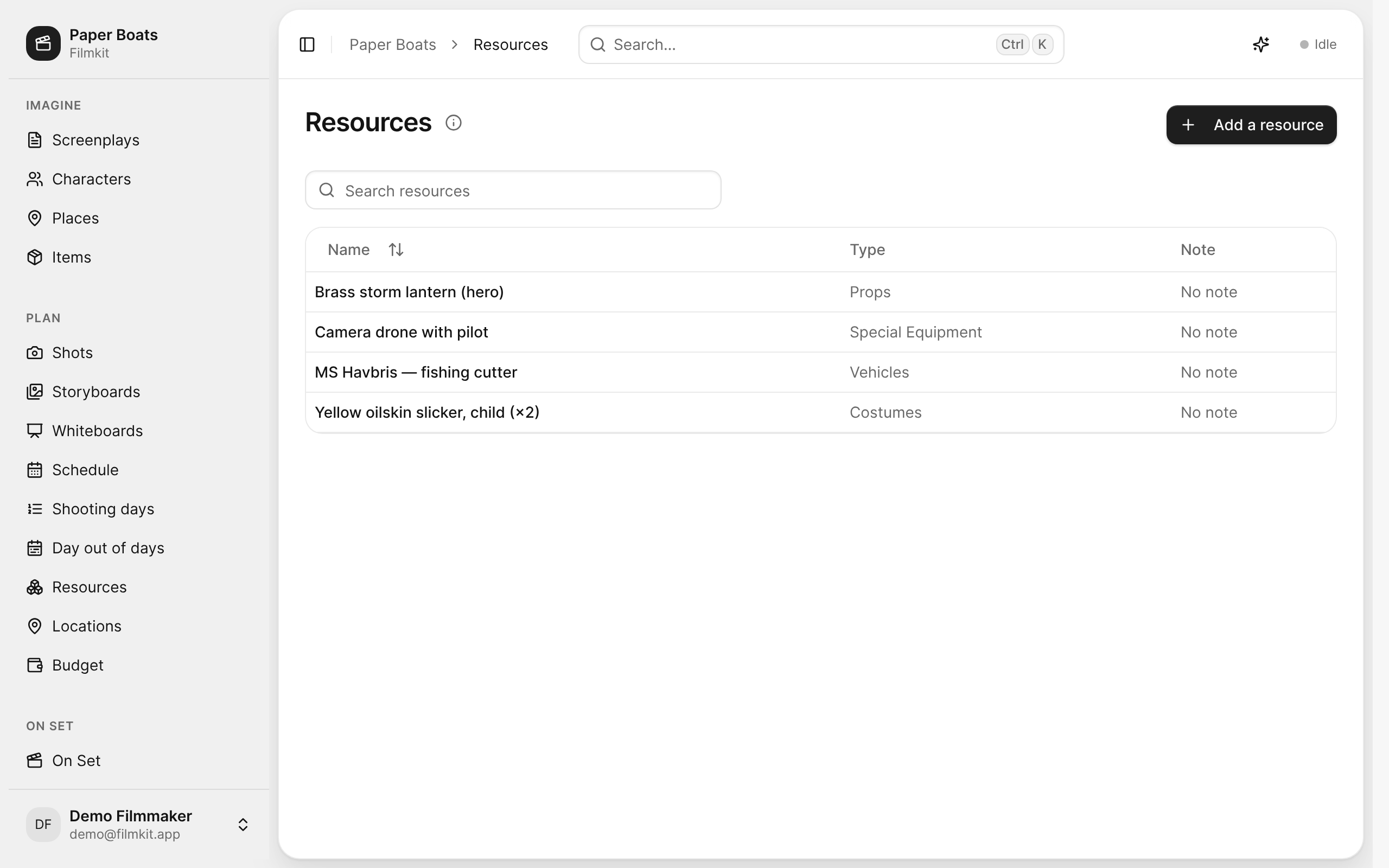 The Resources list with the project's props, vehicles, and other real-world resources.