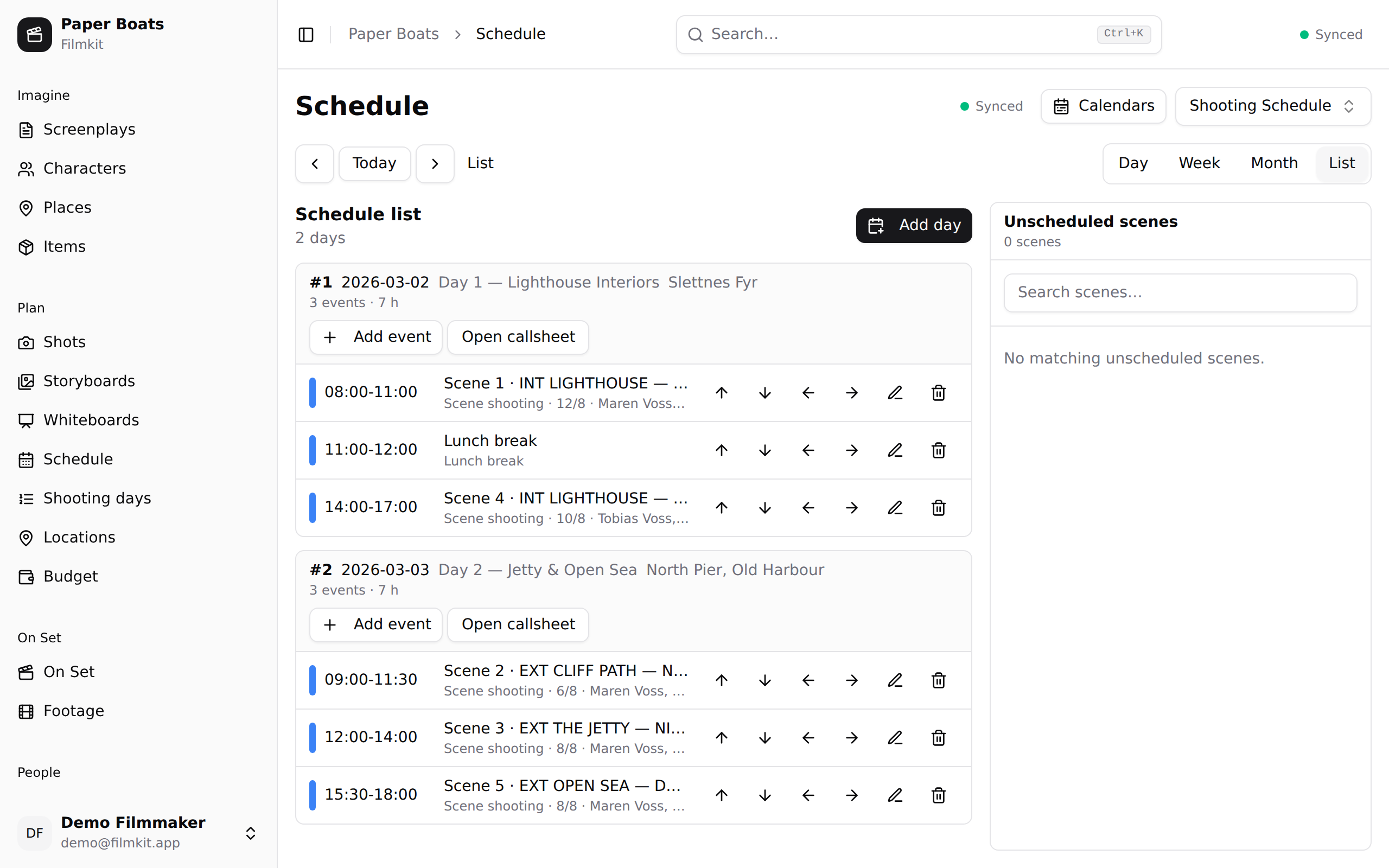 The schedule — every shooting day with its scenes and shot list, in a date-agnostic list view.