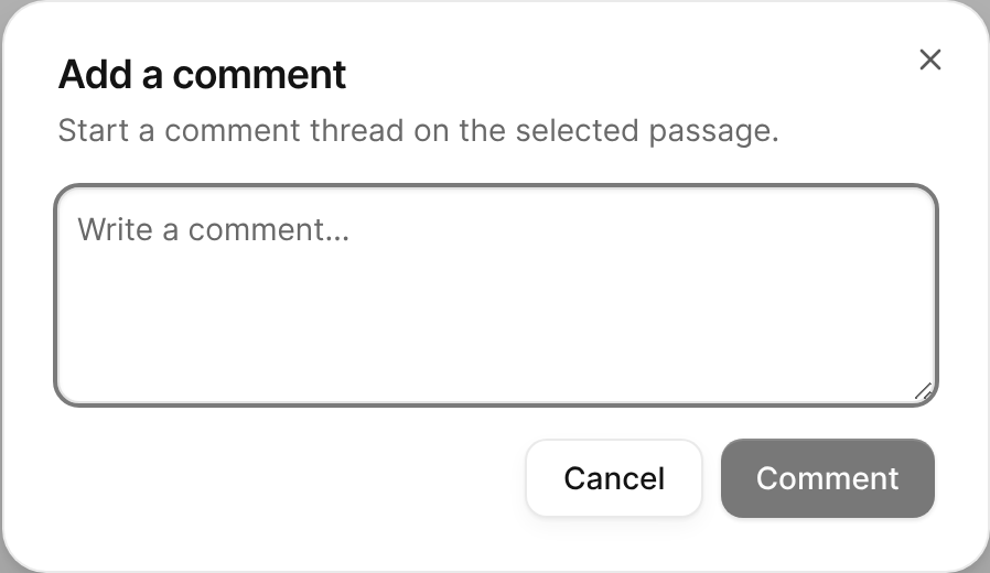 The Add a comment dialog for a selected passage.