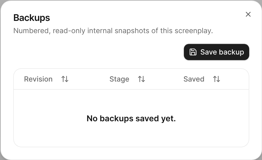 The Backups dialog, with the Save backup button and the list of saved backups.
