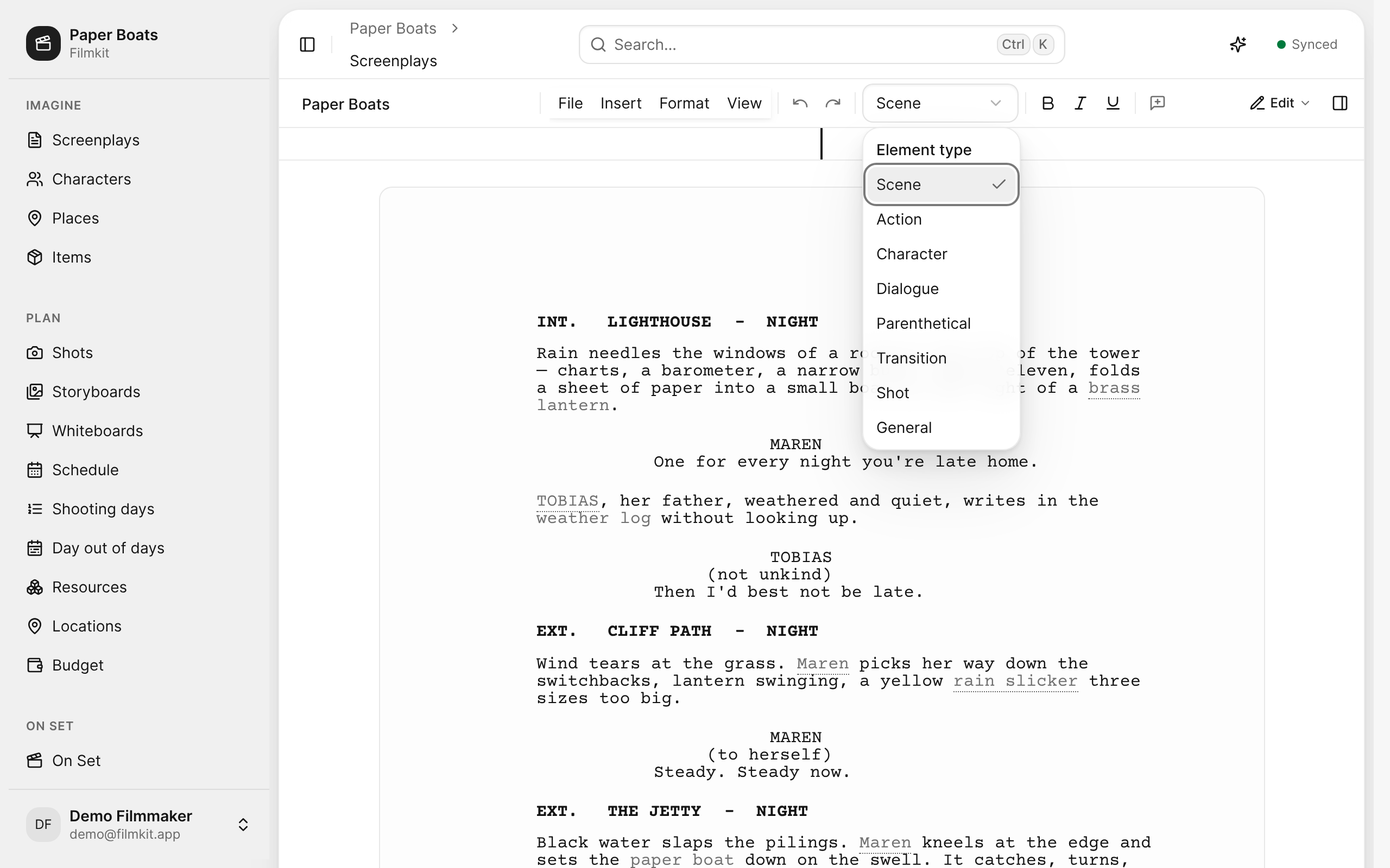 The element type menu open in the toolbar, listing Scene, Action, Character, Dialogue, and the other element types.