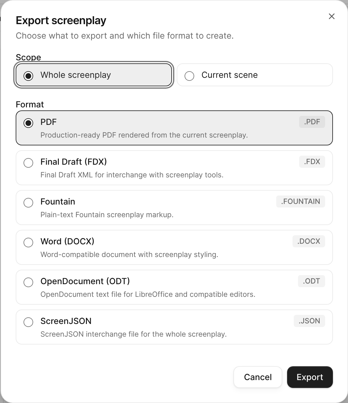 The Export screenplay dialog, with the scope and format choices.