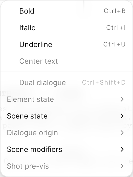 The Format menu, with Bold, Italic, Underline, Center text, Dual dialogue, and the element, scene, and shot options.