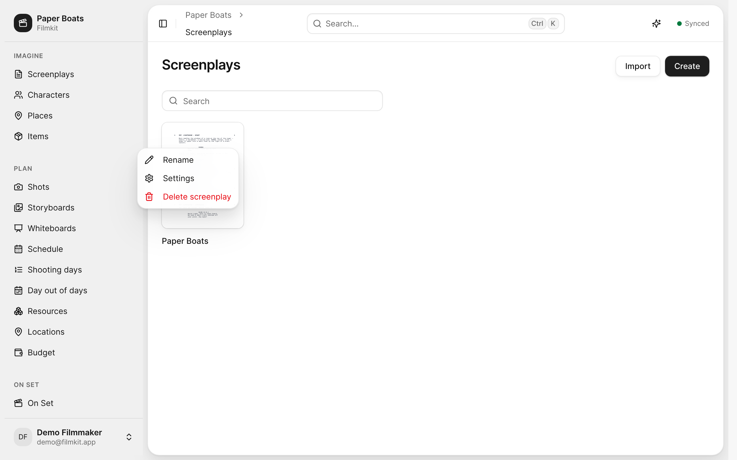 The actions menu for a screenplay, with Rename, Settings, and Delete screenplay.