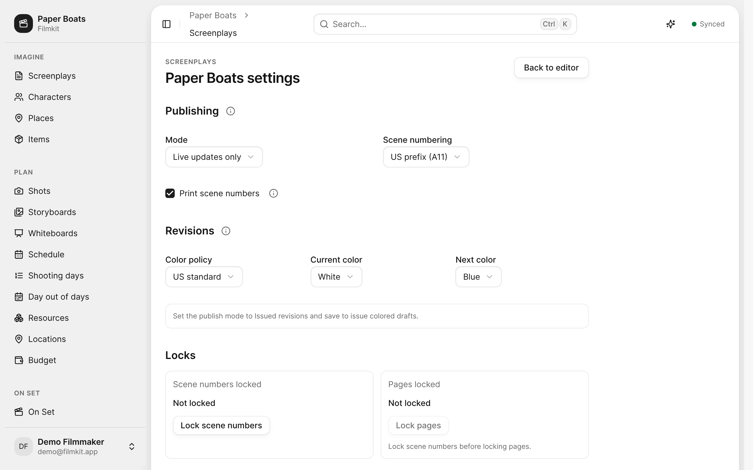 The settings for the Paper Boats screenplay, with the Publishing, Revisions, and Locks sections.