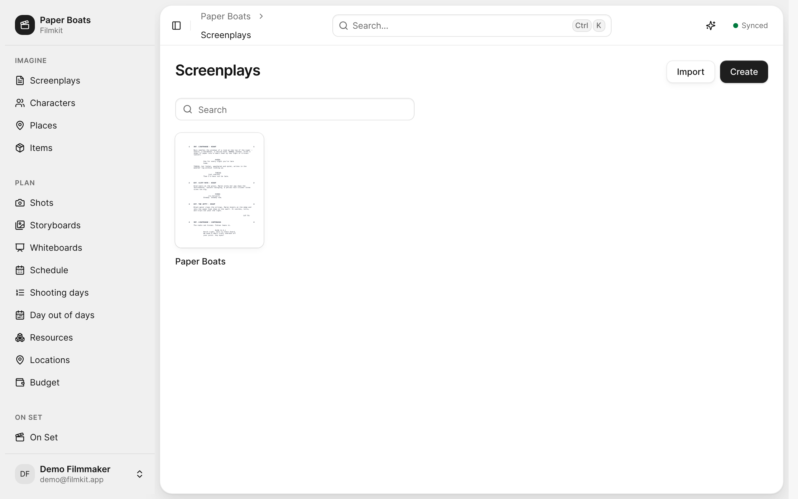 The Screenplays list for Paper Boats, with the Import and Create buttons.