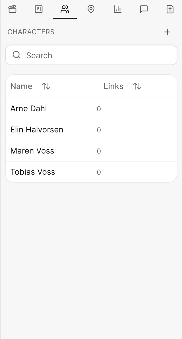 The Characters tab of the side panel, with each character and the number of times it's linked in the script.