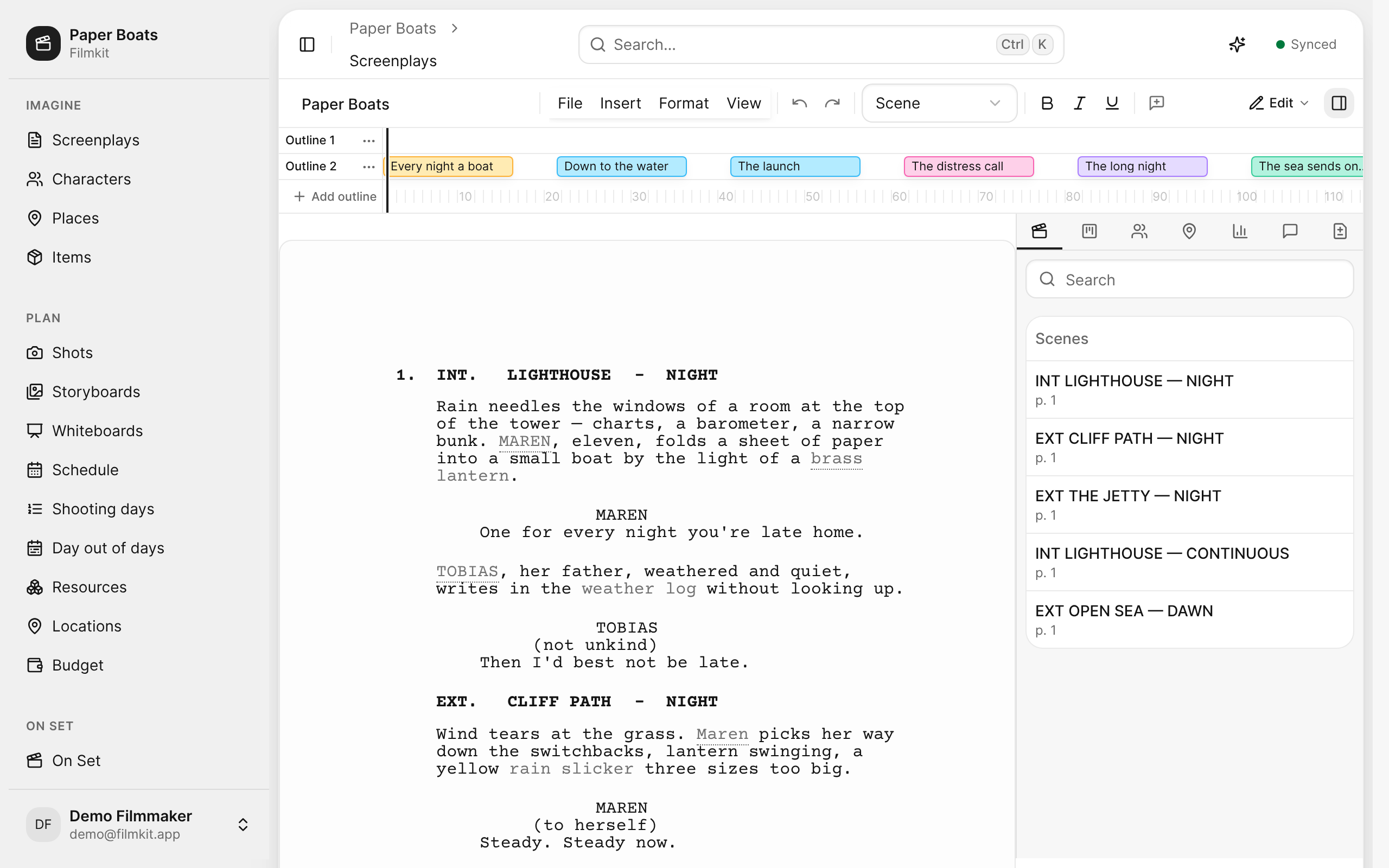 The side panel open on the Scenes tab, listing the five scenes of Paper Boats with their pages.