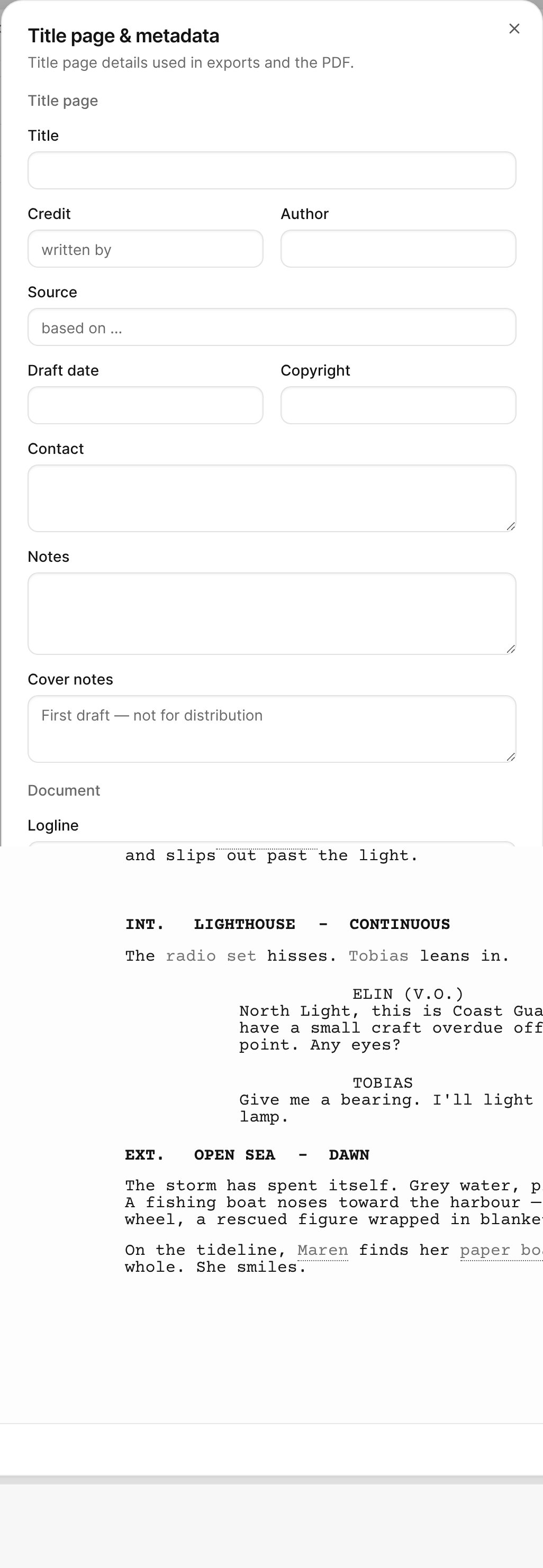 The Title page & metadata dialog, with the title page fields and the document details.