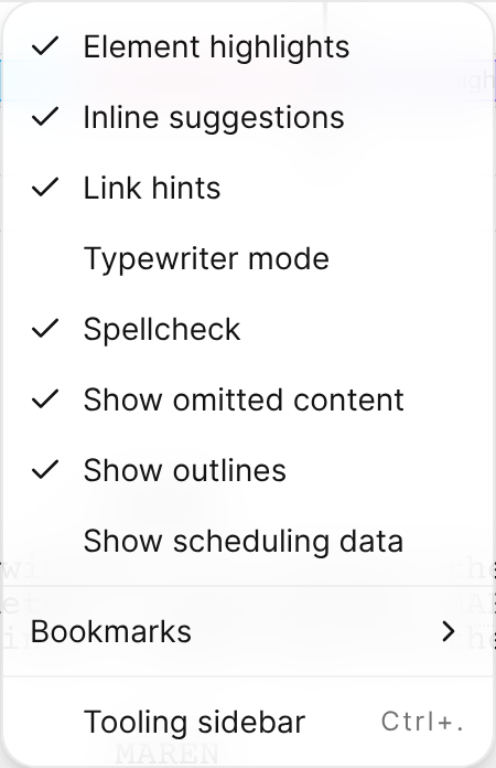 The View menu, with options for highlights, suggestions, link hints, typewriter mode, spellcheck, omitted content, and outlines.