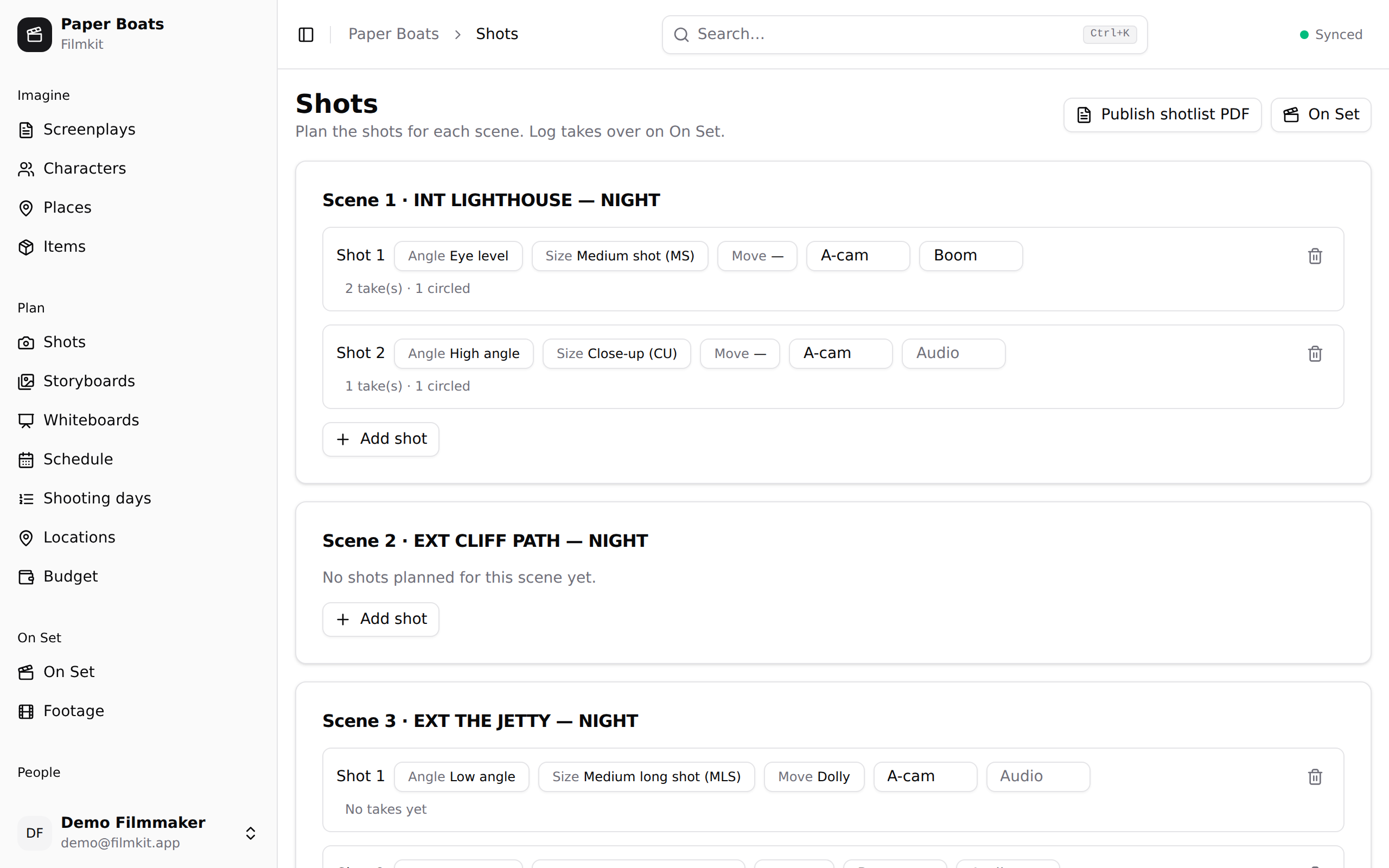 The shot list — planned camera setups for each scene, ready for on-set logging.