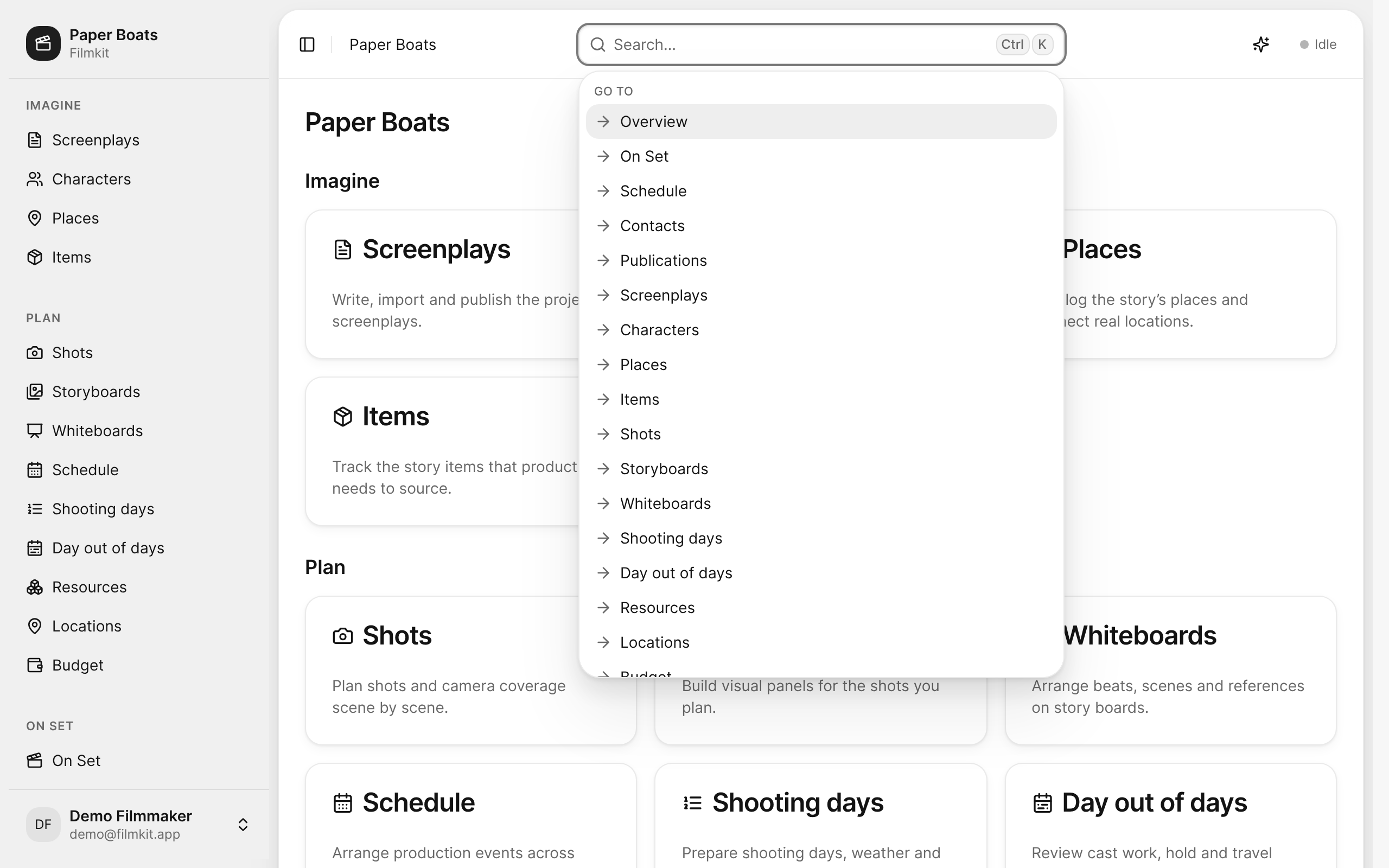 The command palette open in the Paper Boats project, with the Go to commands listed.