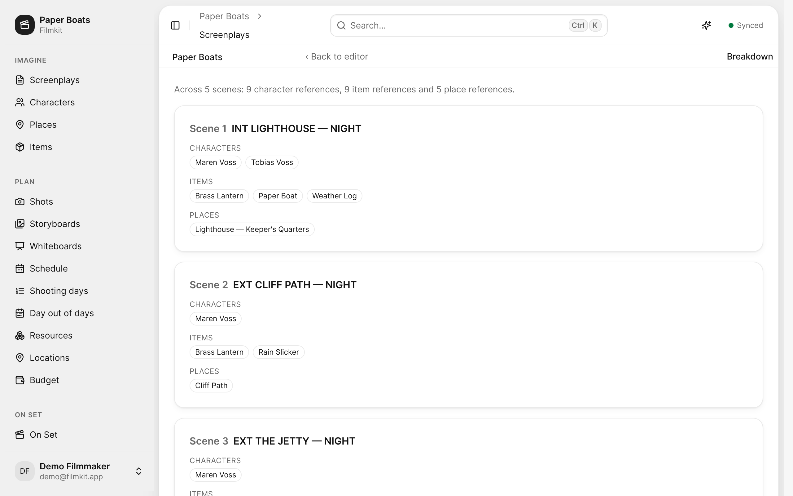 The scene breakdown for Paper Boats, with characters, places, and items tagged in each scene.