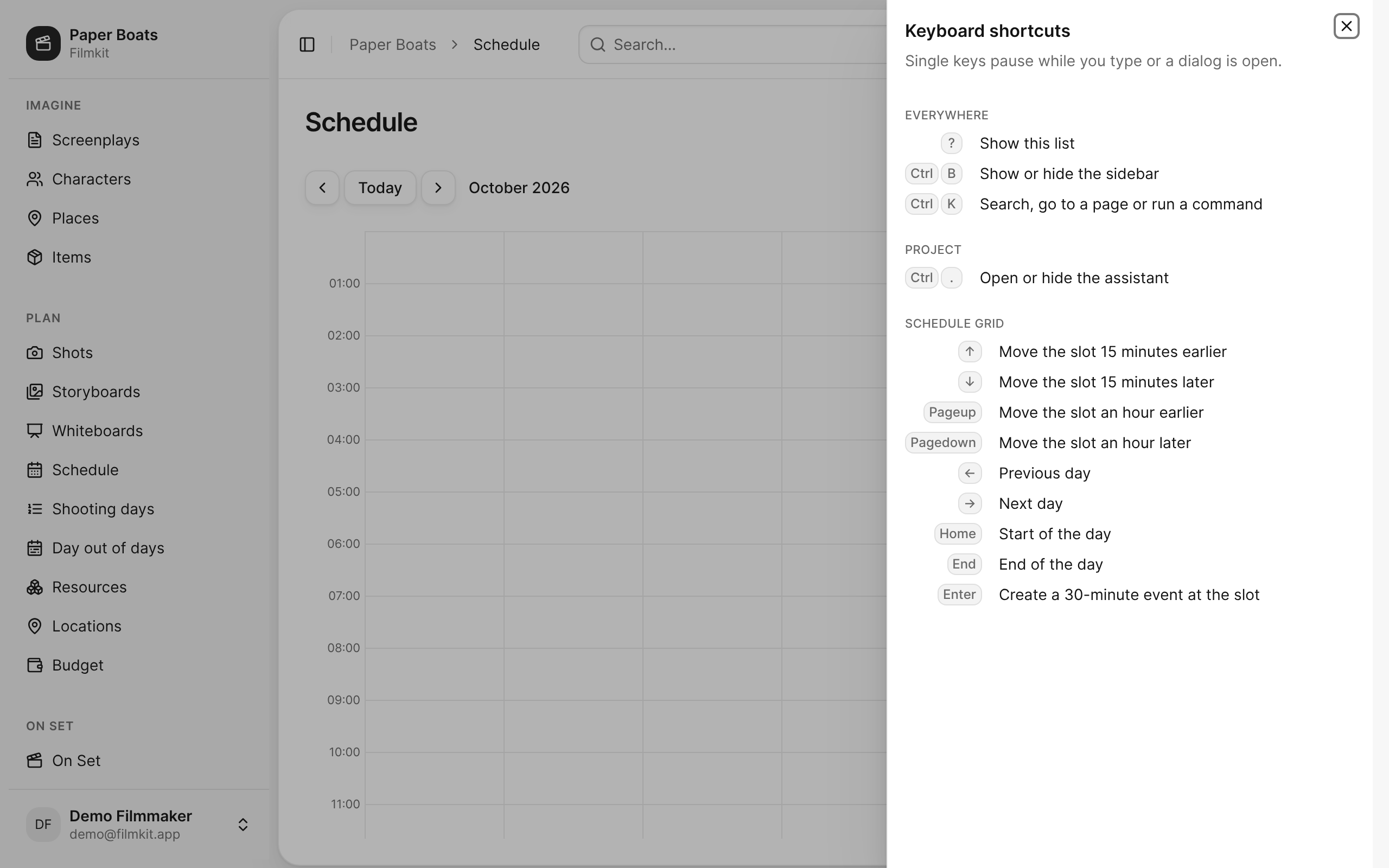 The Keyboard shortcuts sheet open over the schedule, with the Schedule grid shortcuts listed.