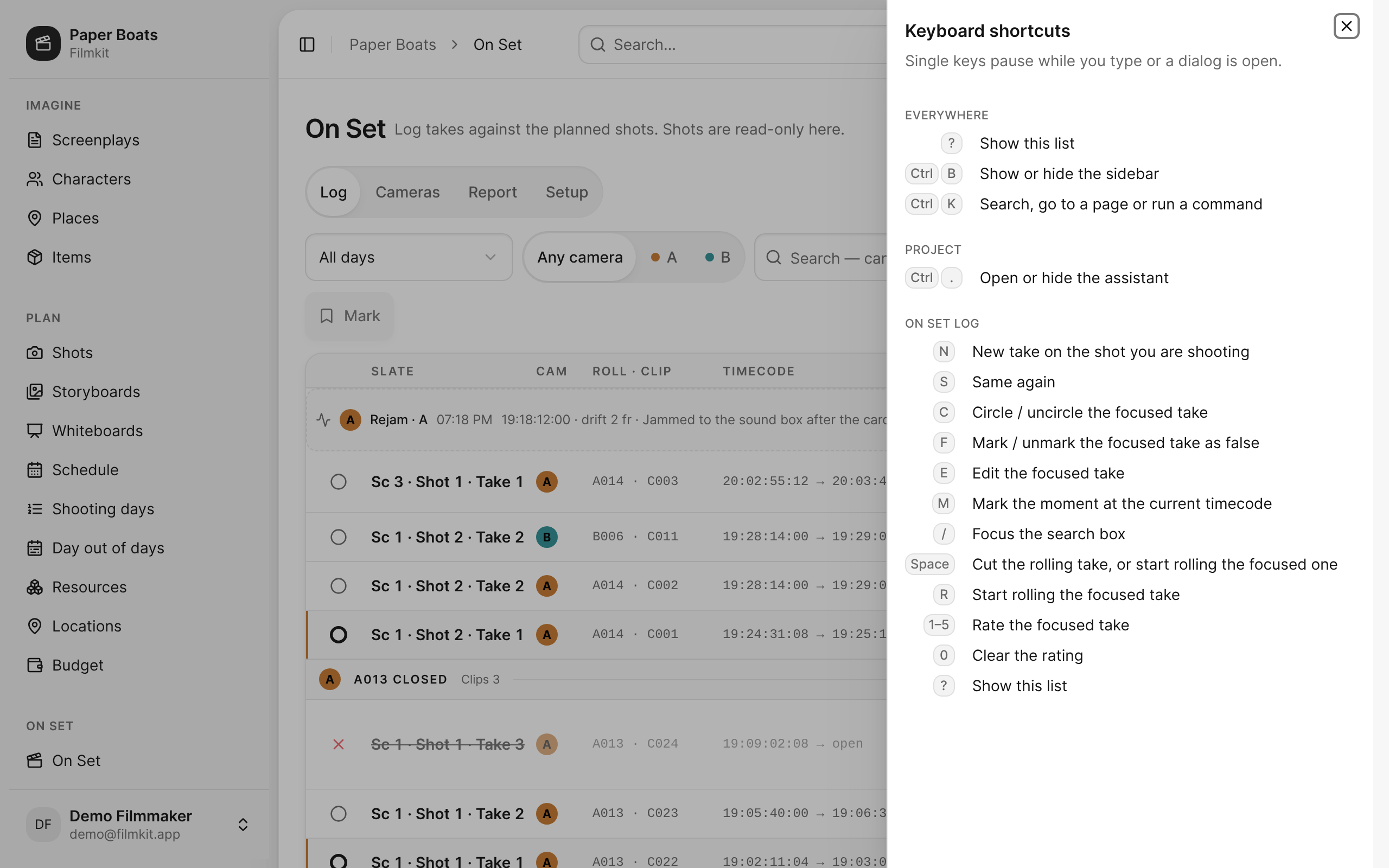 The Keyboard shortcuts sheet on the On Set log, listing shortcuts for Everywhere, Project, and On Set log.